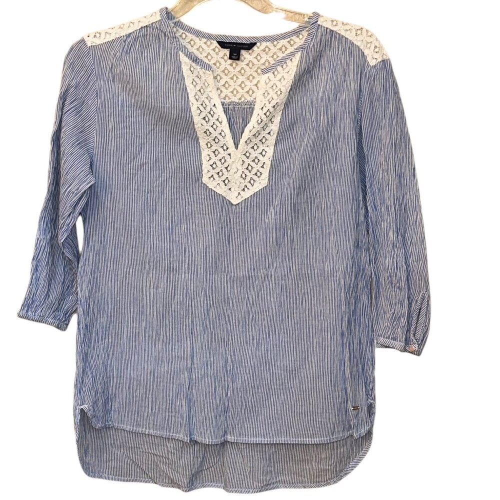 Tommy Hilfiger‎ Blue White Stripe Boho Lace Blouse Size Small Petite